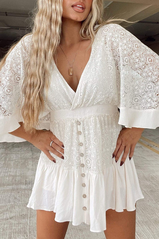 White Lace V Neck Mini Dress