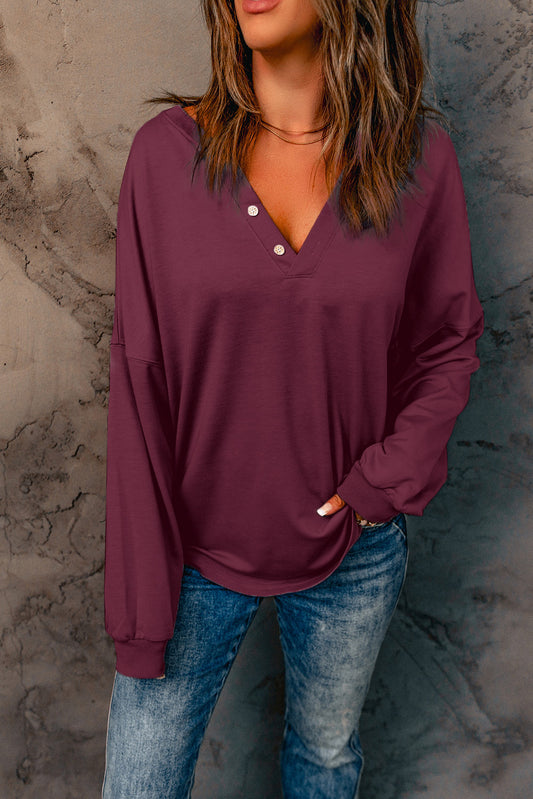 Buttoned V Neck Cotton Loose Fit Top